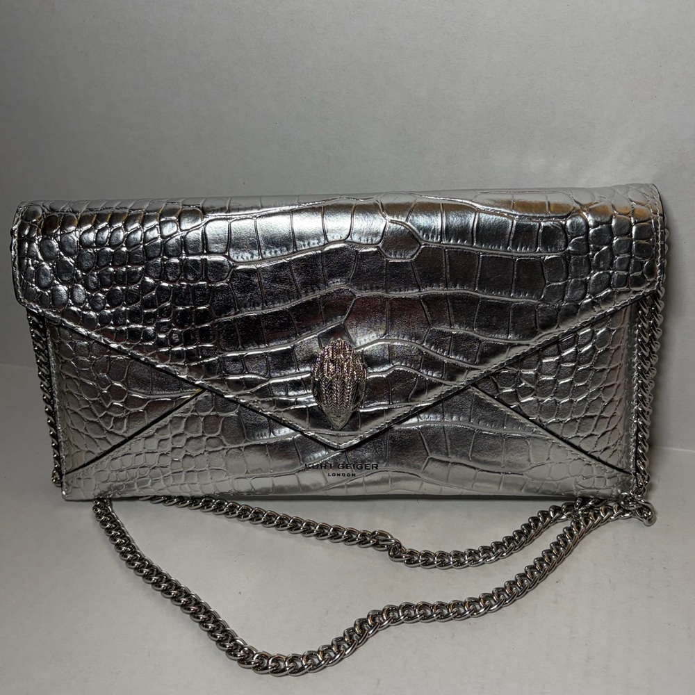 KURT GEIGER London SHOREDITCH Envelope Clutch Handbag Silver Embossed